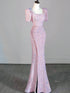 Pink Mermaid Sequins Short Sleeves Long Party Dresss, Pink Sequins Long Formal Dress